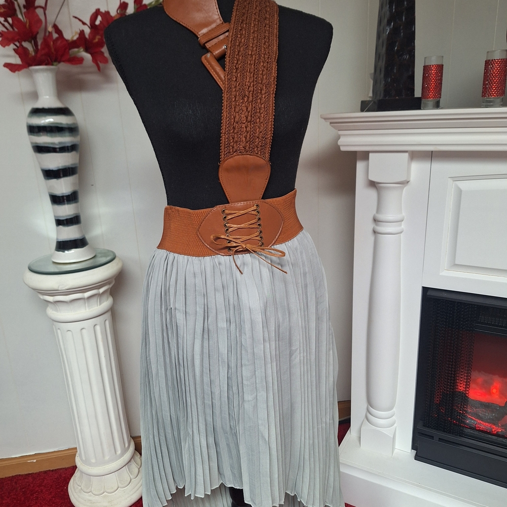 Mint and Brown High Low Pleated Skirt with Wide Belt